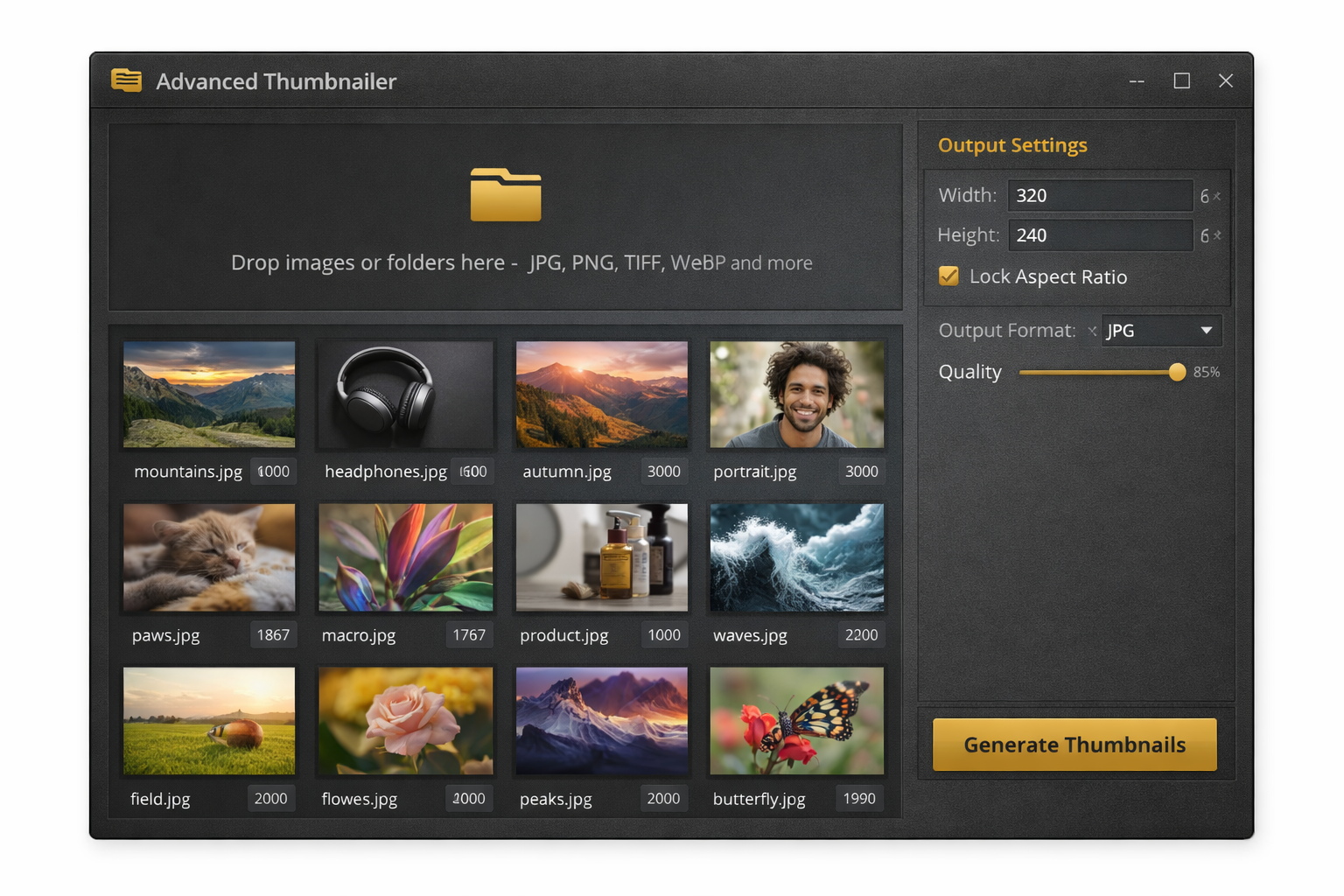 Advanced Thumbnailer showing a video file browser with platform selector and the thumbnail export panel with text overlay and multi-platform presets