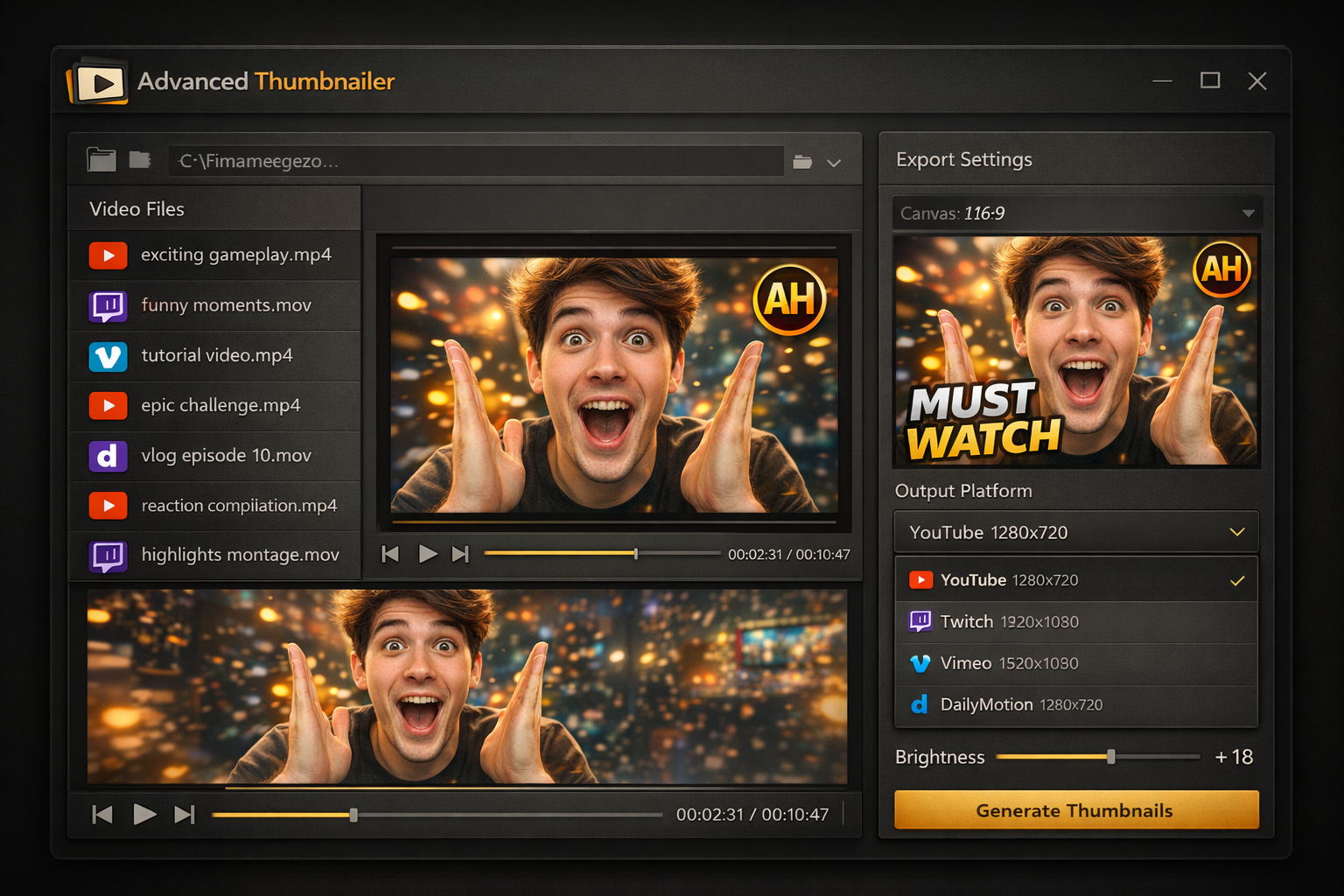 Advanced Thumbnailer showing a video frame selected from the timeline on the left and the thumbnail editor on the right with text overlay, multi-platform export selector and logo placement